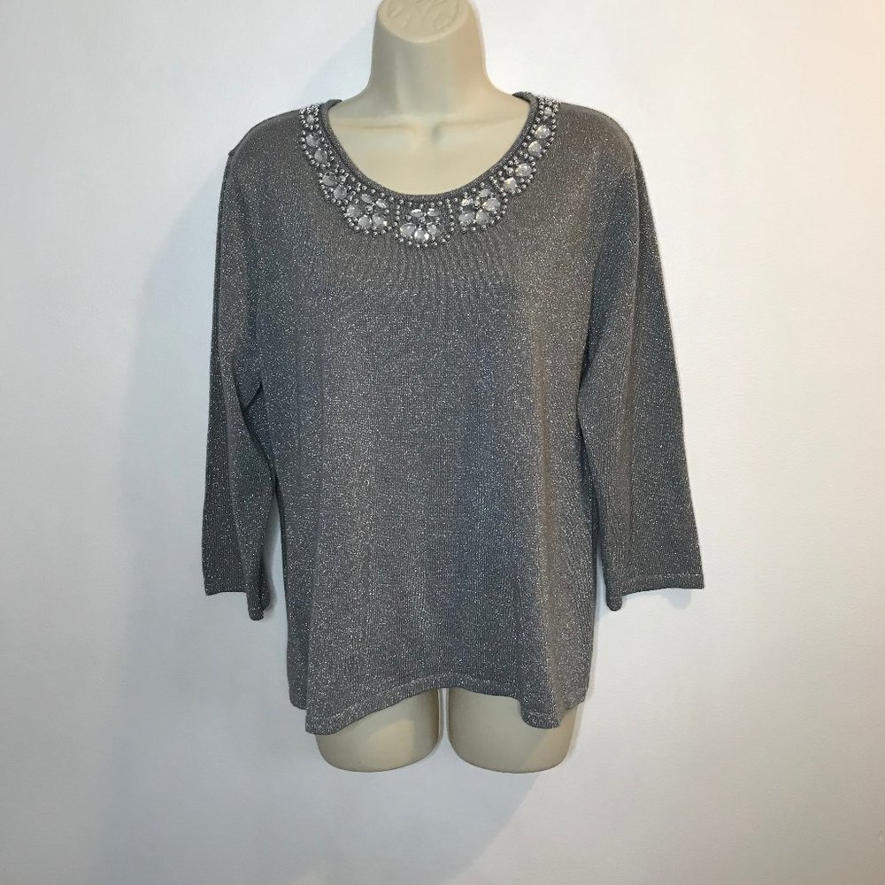 JM Collection LARGE L Silver Gray Sweater Beaded Rhinestone Holiday Knit